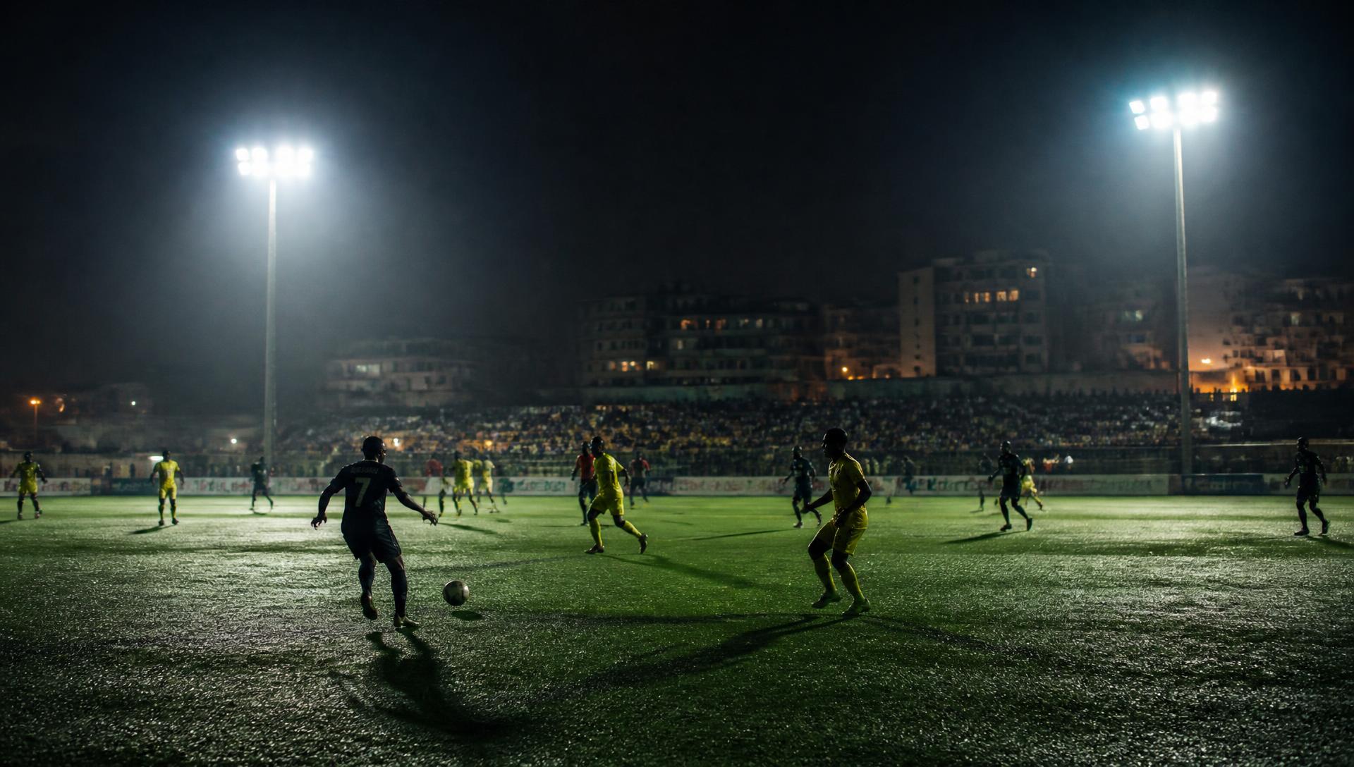 Footballers playing on a floodlit pitch at night